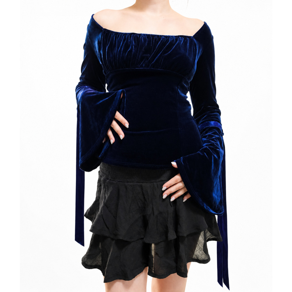 Y2k Bell Sleeve Velvet Gothic Milkmaid Top Blouse Shirt